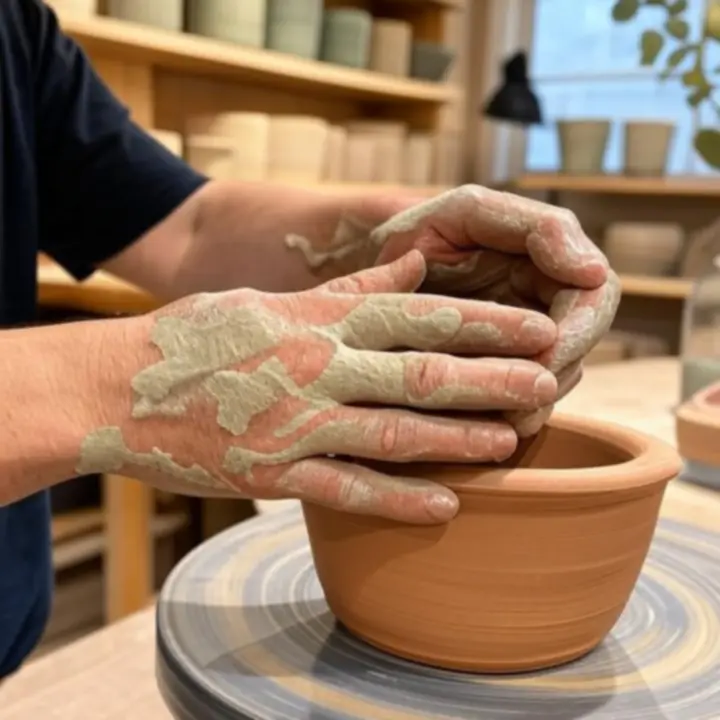 Ręce artysty formujące glinianą donicę