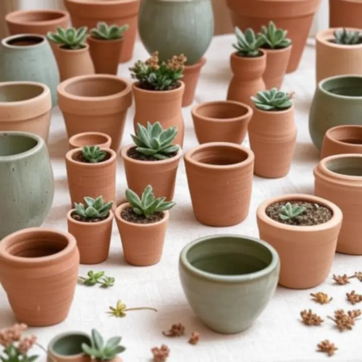 Kolekcja ręcznie robionych donic ceramicznych w ciepłych odcieniach terakoty