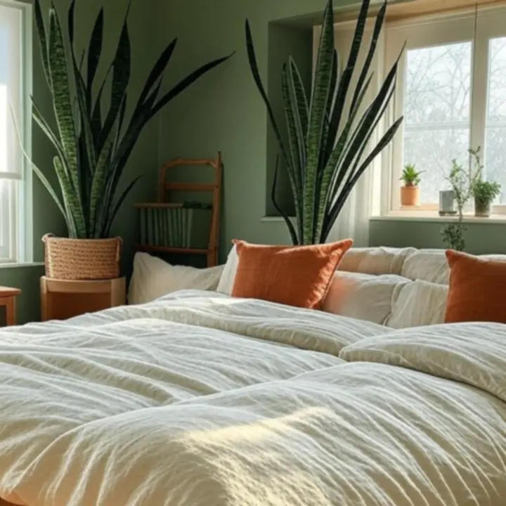 Sypialnia zaprojektowana w stylu biophilic z bogatą roślinnością i naturalnymi materiałami