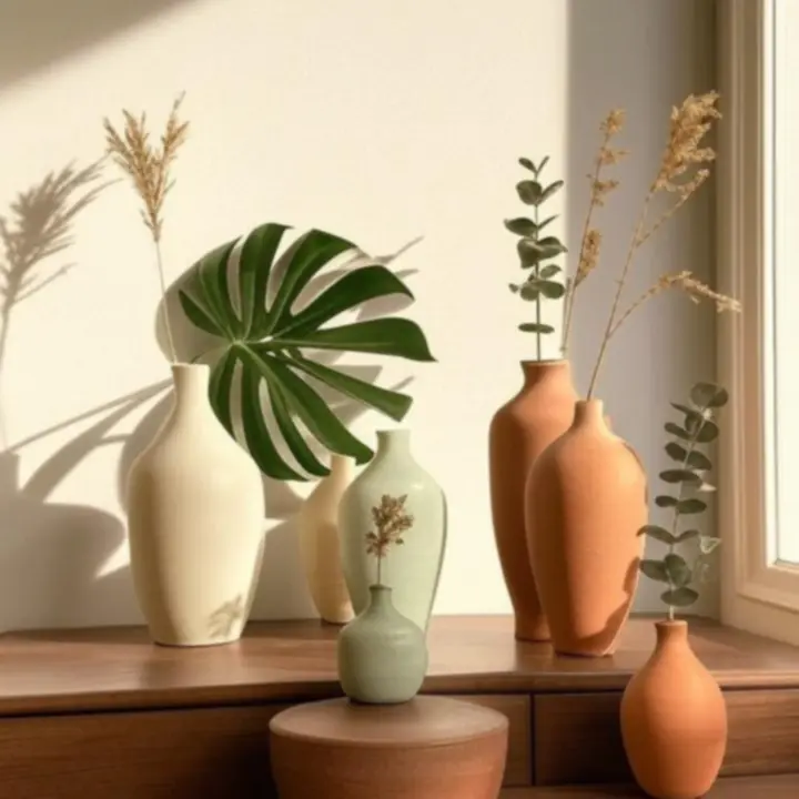 Eleganckie wazony ceramiczne z suszonymi roślinami
