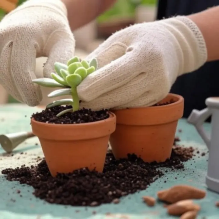 Dłonie ogrodnika podczas przesadzania rośliny do nowej donicy