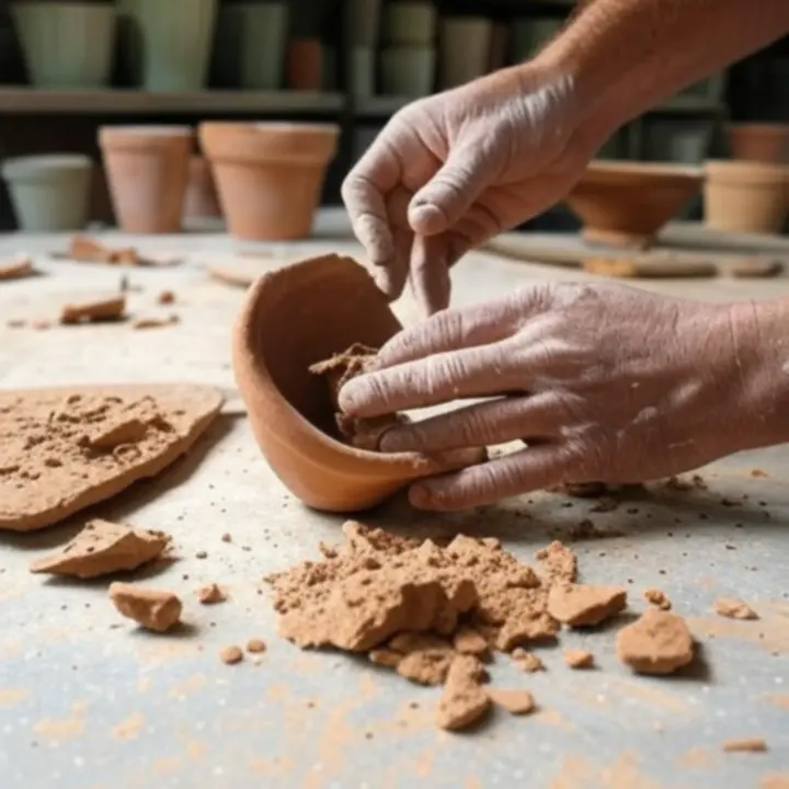 Dłonie recyklingujące doniczki terrakotowe w ramach gospodarki obiegu zamkniętego