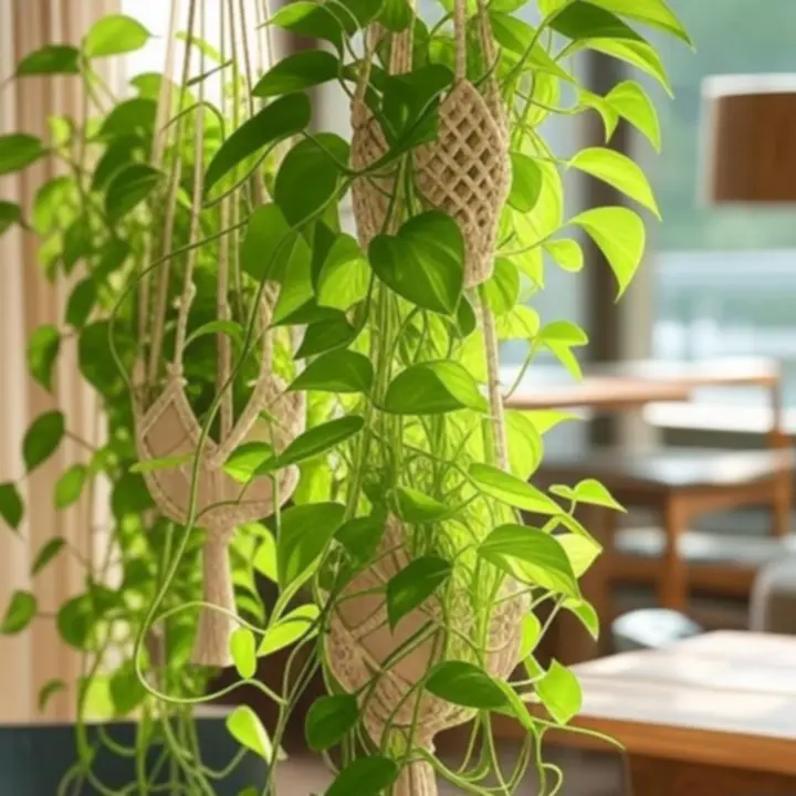 Wiszące donice i makramowe wieszaki z roślinami zwisającymi