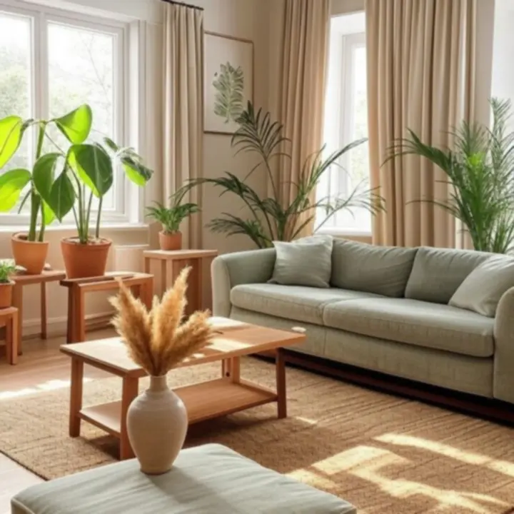 Stylowy salon z roślinami doniczkowymi i dekoracjami w naturalnych kolorach