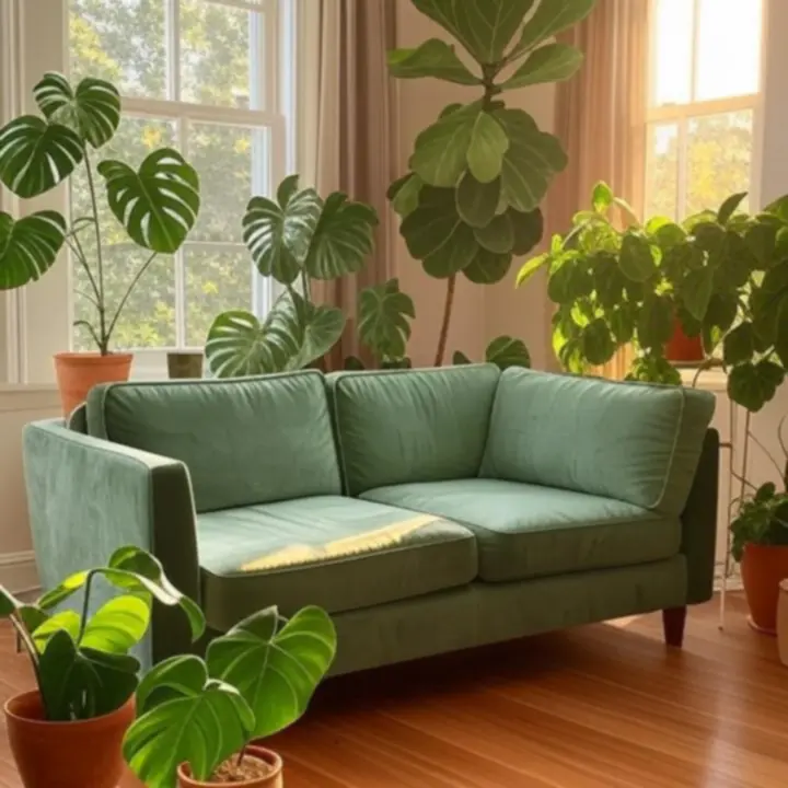 Stylowy salon wypełniony zielonymi roślinami doniczkowymi w naturalnym świetle