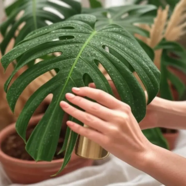 Dłonie delikatnie pielęgnujące zielone liście rośliny doniczkowej