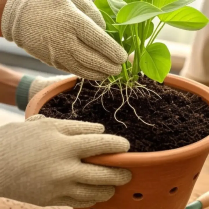 Proces przesadzania rośliny do nowej artystycznej donicy