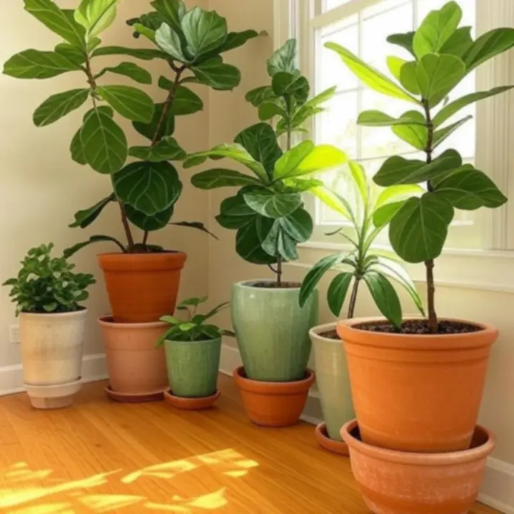 Aranżacja wnętrza salonu z ceramicznymi donicami i roślinami doniczkowymi