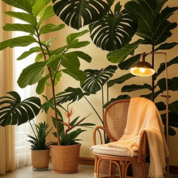 Kącik urban jungle z dużą ilością roślin i dekoracji